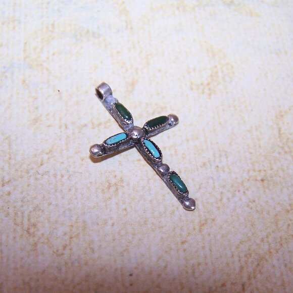Vintage Native American Zuni Sterling Silver Turquoise Cross Pendant - Picture 2 of 5